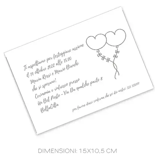 Cartolina personalizzata con palloncini a cuore, anche con testo inserito in fase di stampa