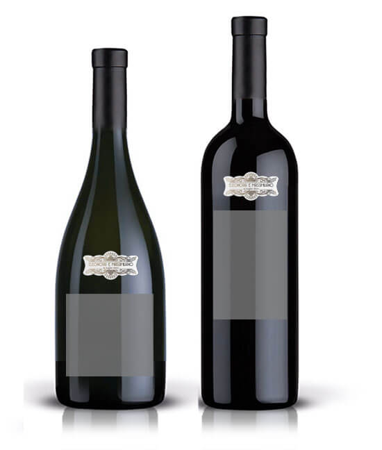 esempio di applicazione del collarino C105X per la personalizzazione di bottiglie di vino come bomboniere per matrimonio