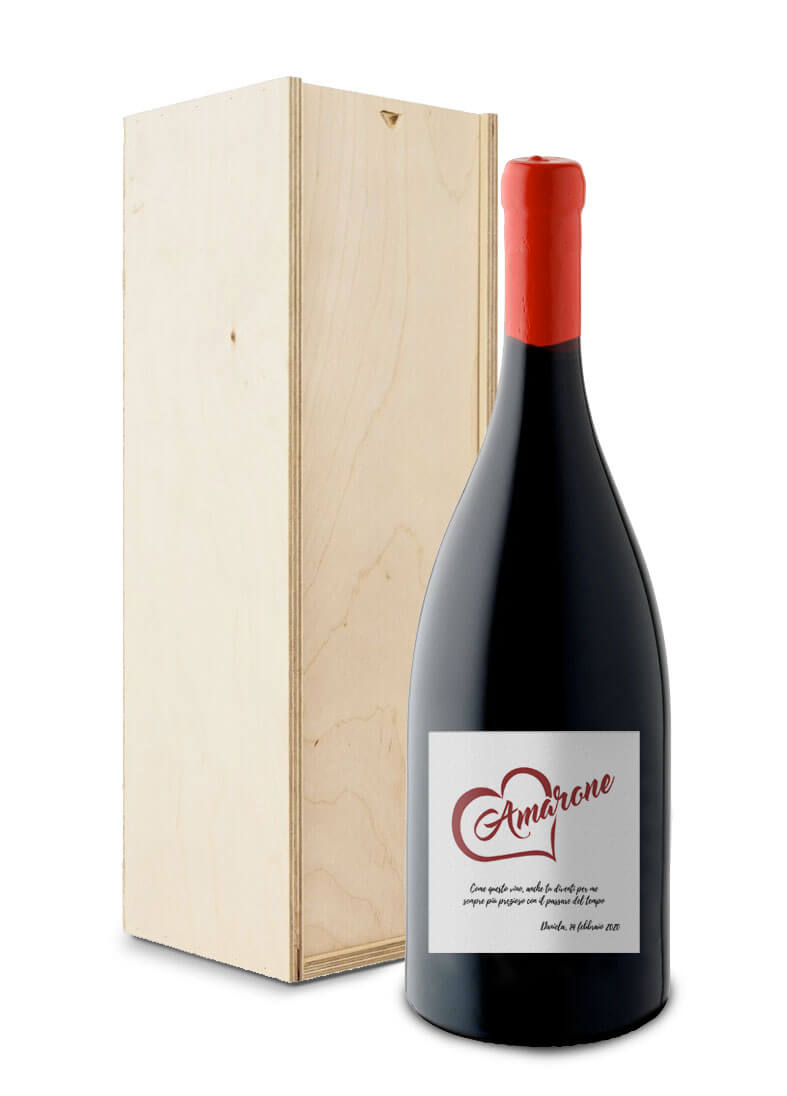 regalo per San Valentino - vino magnum con etichetta personalizzata in scatola di legno